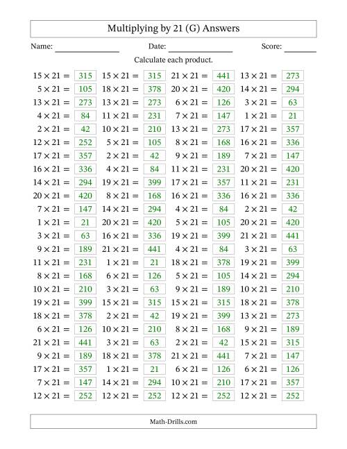 The Horizontally Arranged Multiplying (1 to 21) by 21 (100 Questions) (G) Math Worksheet Page 2