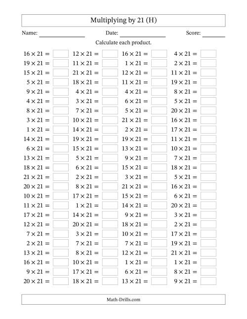 The Horizontally Arranged Multiplying (1 to 21) by 21 (100 Questions) (H) Math Worksheet