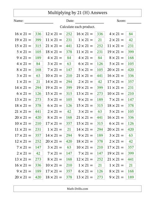 The Horizontally Arranged Multiplying (1 to 21) by 21 (100 Questions) (H) Math Worksheet Page 2