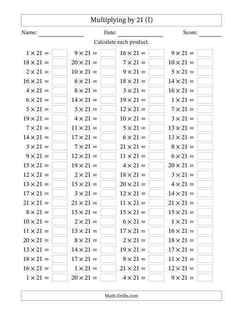 The Horizontally Arranged Multiplying (1 to 21) by 21 (100 Questions) (I) Math Worksheet