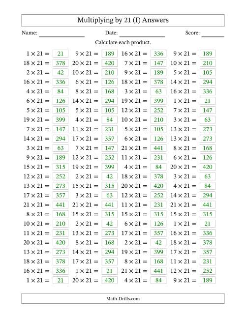 The Horizontally Arranged Multiplying (1 to 21) by 21 (100 Questions) (I) Math Worksheet Page 2