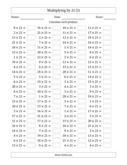 The Horizontally Arranged Multiplying (1 to 21) by 21 (100 Questions) (J) Math Worksheet