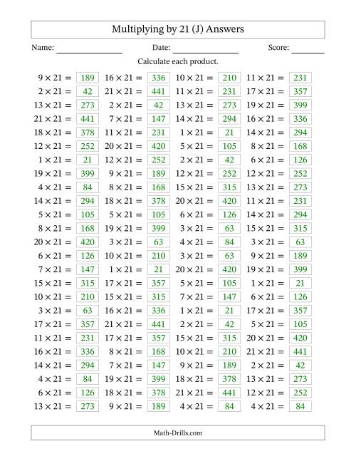 The Horizontally Arranged Multiplying (1 to 21) by 21 (100 Questions) (J) Math Worksheet Page 2