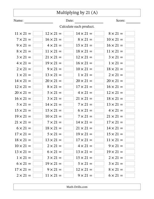 The Horizontally Arranged Multiplying (1 to 21) by 21 (100 Questions) (All) Math Worksheet