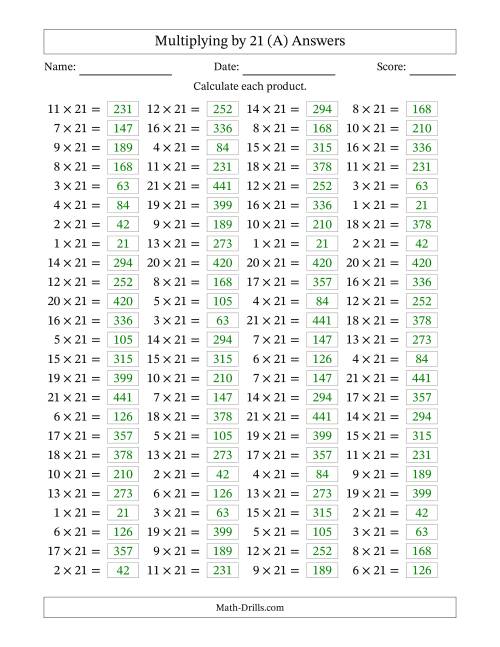 The Horizontally Arranged Multiplying (1 to 21) by 21 (100 Questions) (All) Math Worksheet Page 2