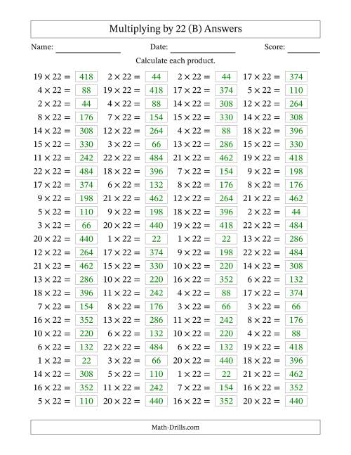 The Horizontally Arranged Multiplying (1 to 22) by 22 (100 Questions) (B) Math Worksheet Page 2
