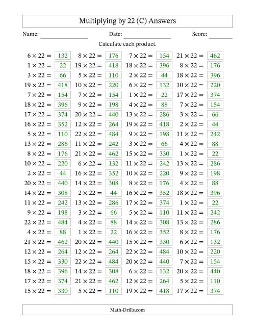 The Horizontally Arranged Multiplying (1 to 22) by 22 (100 Questions) (C) Math Worksheet Page 2