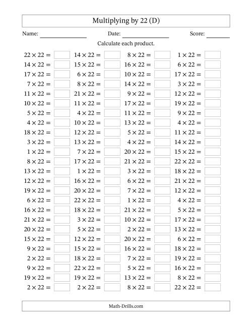 The Horizontally Arranged Multiplying (1 to 22) by 22 (100 Questions) (D) Math Worksheet