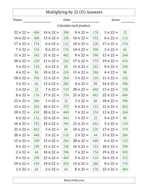 The Horizontally Arranged Multiplying (1 to 22) by 22 (100 Questions) (D) Math Worksheet Page 2