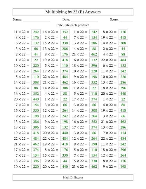 The Horizontally Arranged Multiplying (1 to 22) by 22 (100 Questions) (E) Math Worksheet Page 2