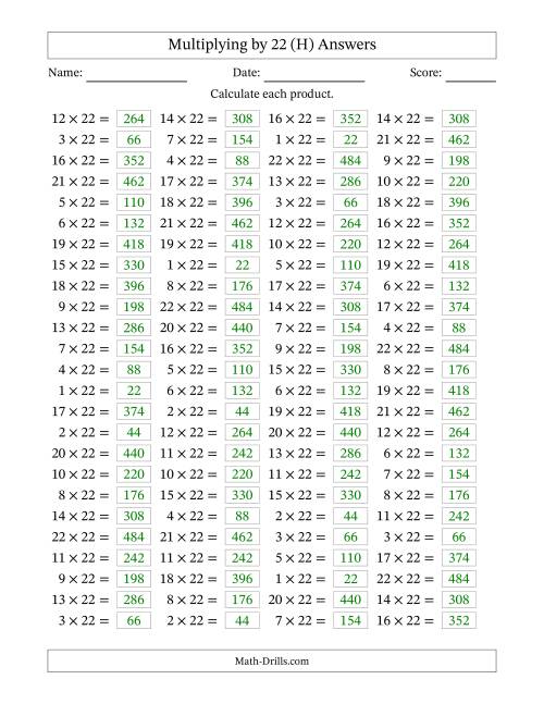 The Horizontally Arranged Multiplying (1 to 22) by 22 (100 Questions) (H) Math Worksheet Page 2