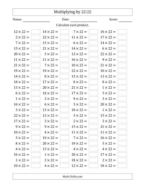 The Horizontally Arranged Multiplying (1 to 22) by 22 (100 Questions) (J) Math Worksheet