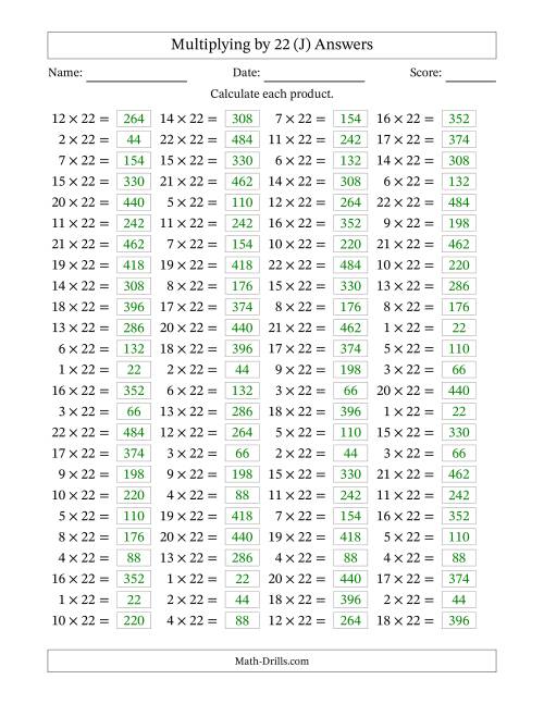 The Horizontally Arranged Multiplying (1 to 22) by 22 (100 Questions) (J) Math Worksheet Page 2