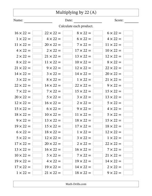 The Horizontally Arranged Multiplying (1 to 22) by 22 (100 Questions) (All) Math Worksheet