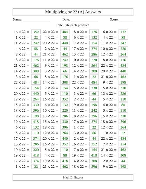 The Horizontally Arranged Multiplying (1 to 22) by 22 (100 Questions) (All) Math Worksheet Page 2