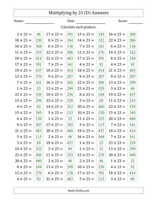 The Horizontally Arranged Multiplying (1 to 23) by 23 (100 Questions) (D) Math Worksheet Page 2