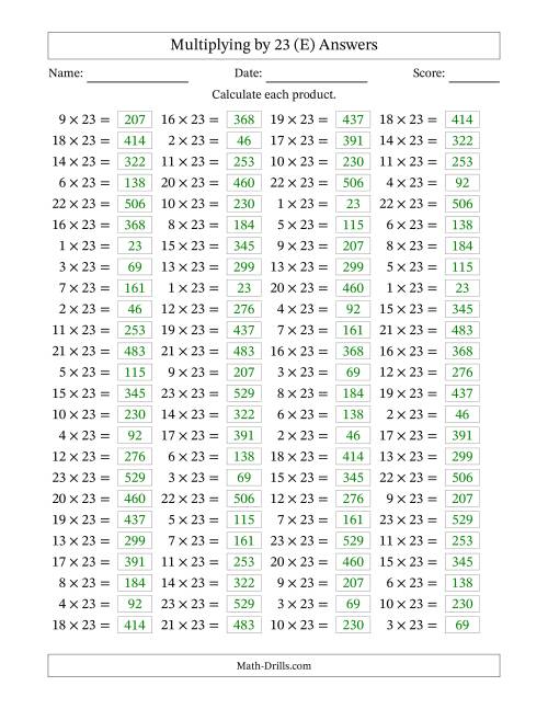 The Horizontally Arranged Multiplying (1 to 23) by 23 (100 Questions) (E) Math Worksheet Page 2