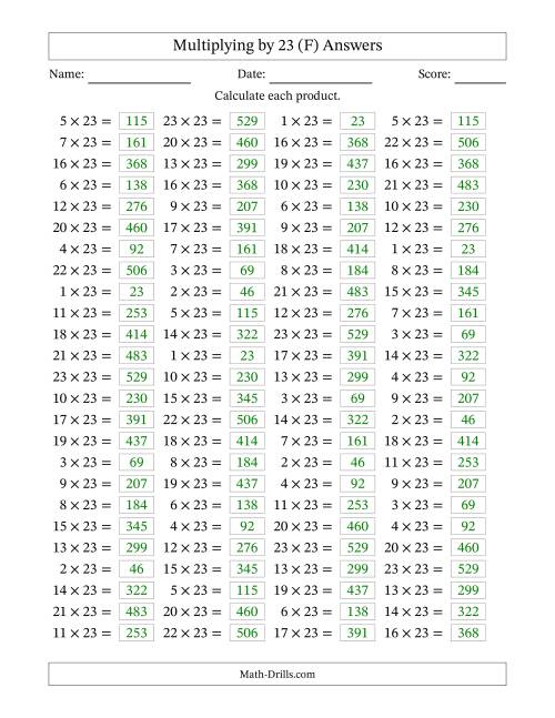 The Horizontally Arranged Multiplying (1 to 23) by 23 (100 Questions) (F) Math Worksheet Page 2