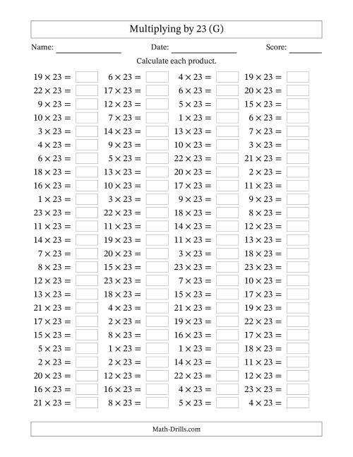 The Horizontally Arranged Multiplying (1 to 23) by 23 (100 Questions) (G) Math Worksheet