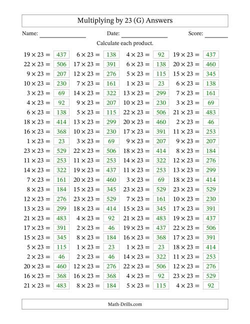 The Horizontally Arranged Multiplying (1 to 23) by 23 (100 Questions) (G) Math Worksheet Page 2