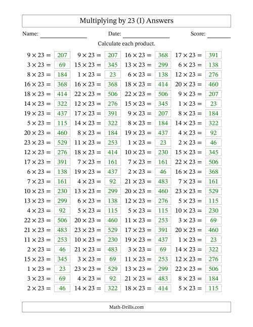 The Horizontally Arranged Multiplying (1 to 23) by 23 (100 Questions) (I) Math Worksheet Page 2