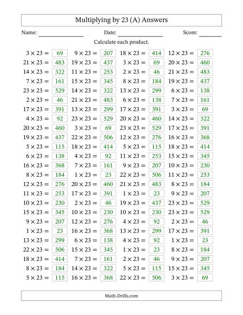 The Horizontally Arranged Multiplying (1 to 23) by 23 (100 Questions) (All) Math Worksheet Page 2