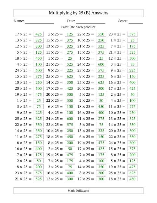 The Horizontally Arranged Multiplying (1 to 25) by 25 (100 Questions) (B) Math Worksheet Page 2