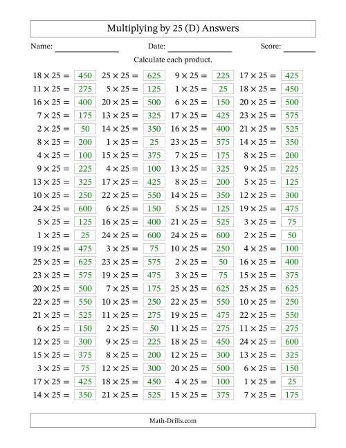 The Horizontally Arranged Multiplying (1 to 25) by 25 (100 Questions) (D) Math Worksheet Page 2
