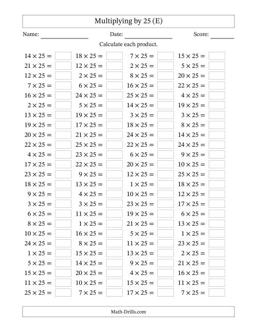The Horizontally Arranged Multiplying (1 to 25) by 25 (100 Questions) (E) Math Worksheet