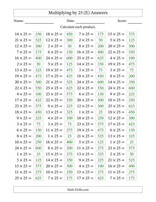 The Horizontally Arranged Multiplying (1 to 25) by 25 (100 Questions) (E) Math Worksheet Page 2