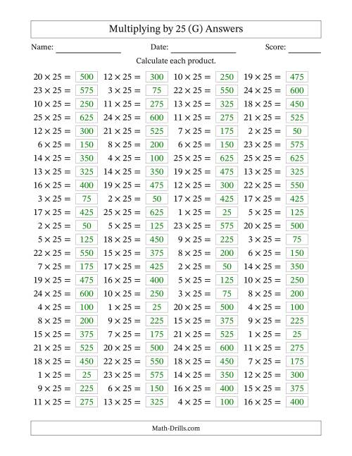 The Horizontally Arranged Multiplying (1 to 25) by 25 (100 Questions) (G) Math Worksheet Page 2