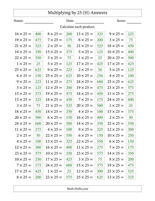 The Horizontally Arranged Multiplying (1 to 25) by 25 (100 Questions) (H) Math Worksheet Page 2