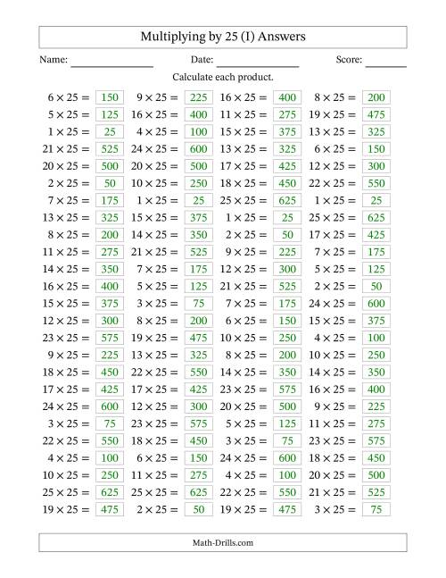 The Horizontally Arranged Multiplying (1 to 25) by 25 (100 Questions) (I) Math Worksheet Page 2