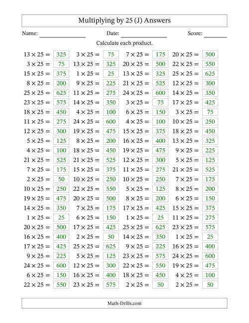 The Horizontally Arranged Multiplying (1 to 25) by 25 (100 Questions) (J) Math Worksheet Page 2