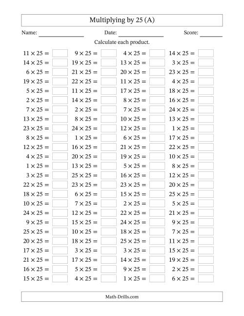 The Horizontally Arranged Multiplying (1 to 25) by 25 (100 Questions) (All) Math Worksheet