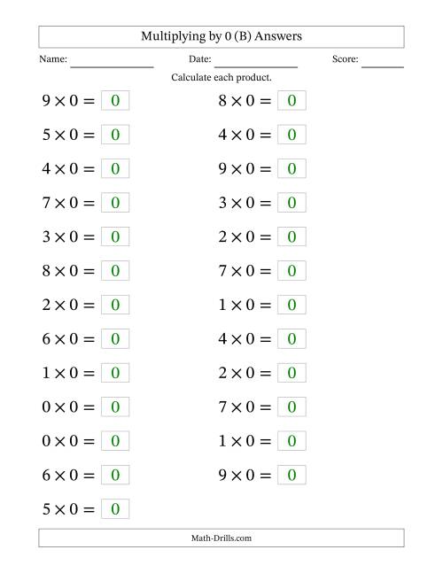 The Horizontally Arranged Multiplying (0 to 9) by 0 (25 Questions; Large Print) (B) Math Worksheet Page 2