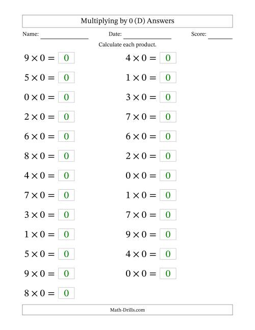 The Horizontally Arranged Multiplying (0 to 9) by 0 (25 Questions; Large Print) (D) Math Worksheet Page 2