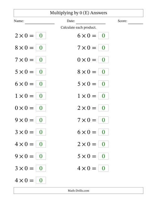 The Horizontally Arranged Multiplying (0 to 9) by 0 (25 Questions; Large Print) (E) Math Worksheet Page 2
