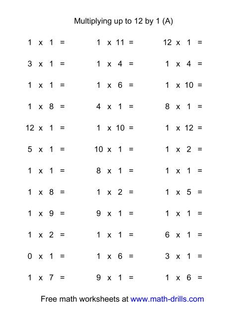 The 36 Horizontal Multiplication Facts Questions -- 1 by 0-12 (A) Math Worksheet