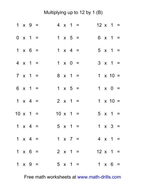 The 36 Horizontal Multiplication Facts Questions -- 1 by 0-12 (B) Math Worksheet
