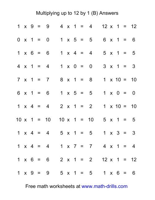The 36 Horizontal Multiplication Facts Questions -- 1 by 0-12 (B) Math Worksheet Page 2