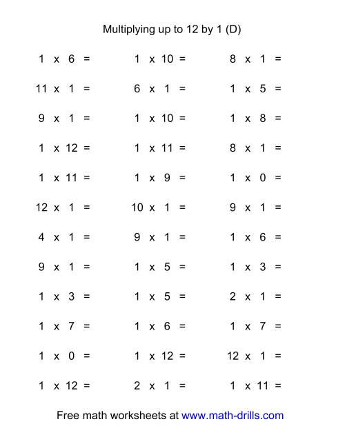 The 36 Horizontal Multiplication Facts Questions -- 1 by 0-12 (D) Math Worksheet