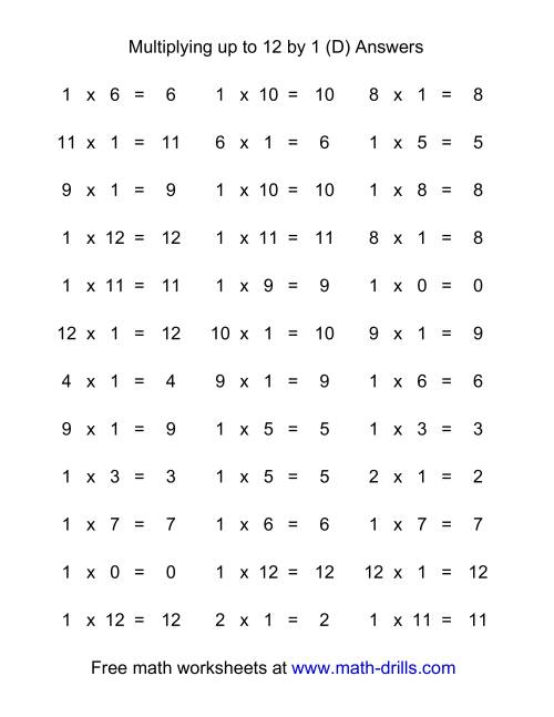 The 36 Horizontal Multiplication Facts Questions -- 1 by 0-12 (D) Math Worksheet Page 2