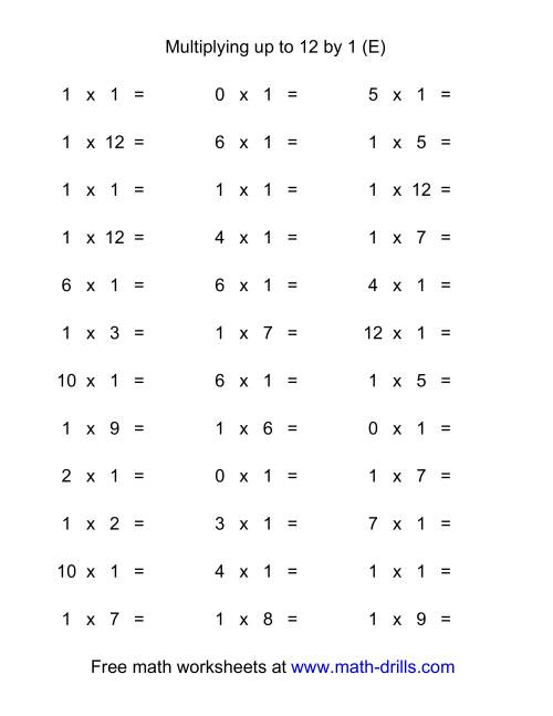 The 36 Horizontal Multiplication Facts Questions -- 1 by 0-12 (E) Math Worksheet