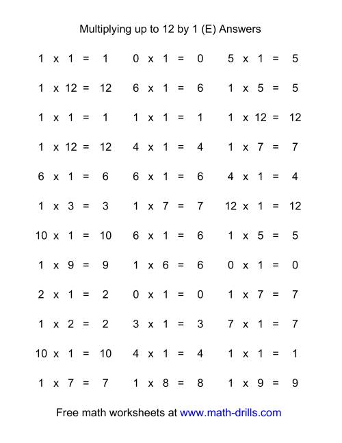 The 36 Horizontal Multiplication Facts Questions -- 1 by 0-12 (E) Math Worksheet Page 2