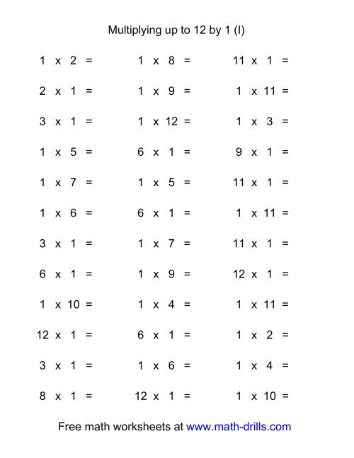 The 36 Horizontal Multiplication Facts Questions -- 1 by 0-12 (I) Math Worksheet