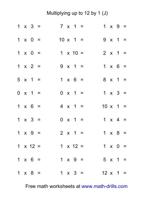 The 36 Horizontal Multiplication Facts Questions -- 1 by 0-12 (J) Math Worksheet