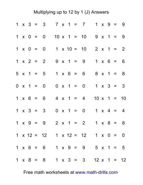 The 36 Horizontal Multiplication Facts Questions -- 1 by 0-12 (J) Math Worksheet Page 2