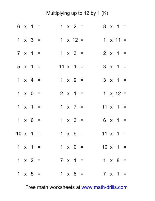 The 36 Horizontal Multiplication Facts Questions -- 1 by 0-12 (K) Math Worksheet