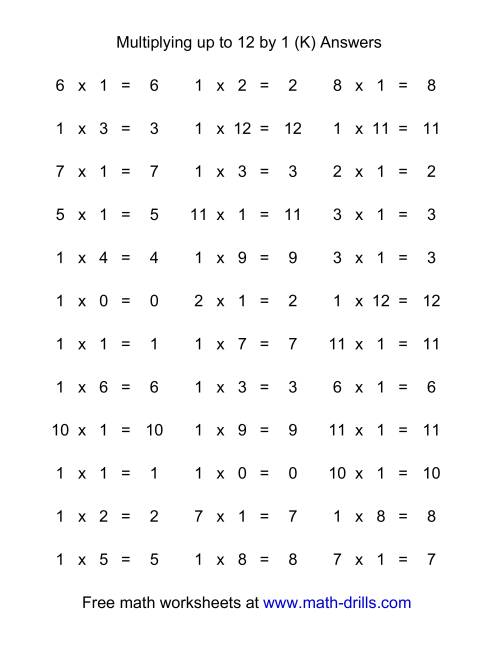 The 36 Horizontal Multiplication Facts Questions -- 1 by 0-12 (K) Math Worksheet Page 2